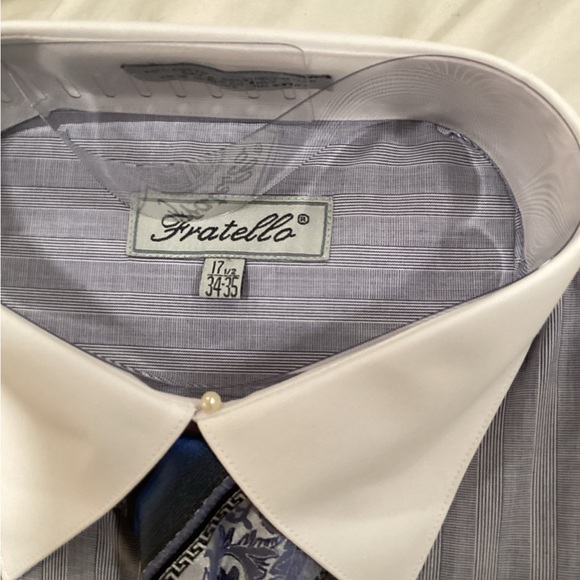 Fratello Men's Striped Blue Dress Shirt with Tie - Picture 2 of 6